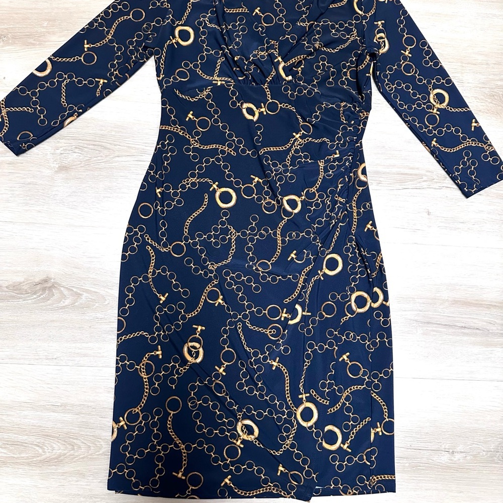 Navy and Gold Chain Print Dress Catherine Malandrino